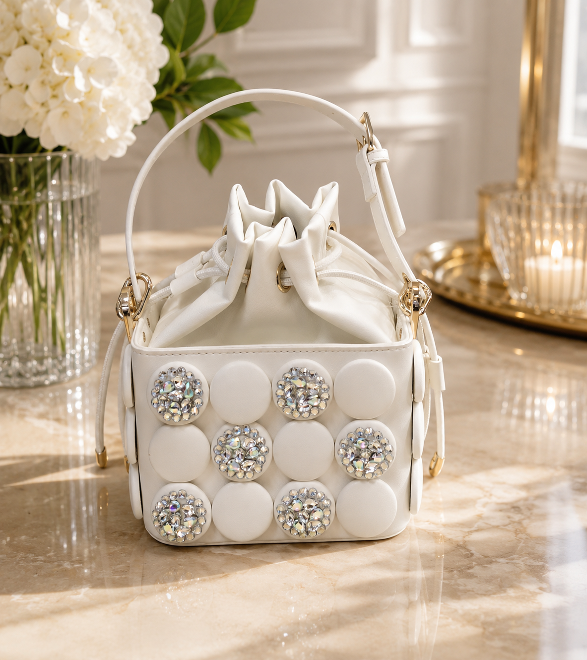 Ivory Crystal Charm Bucket Bag