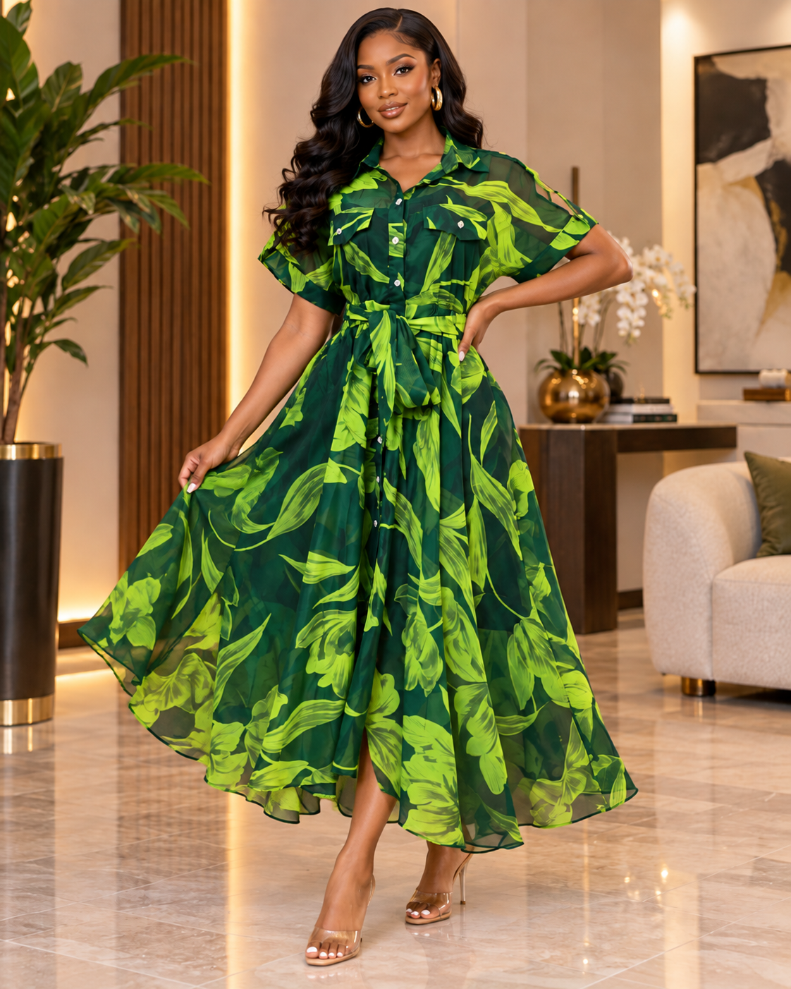 Verdant Bloom Belted Maxi Dress