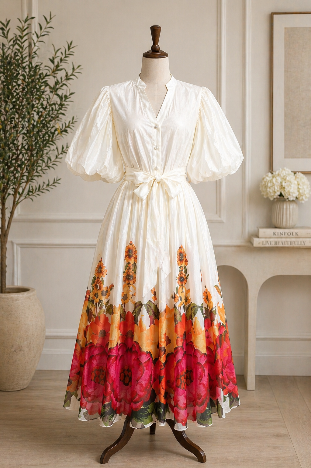 Elegant Floral Satin Midi Dresses with Statement Sleeves