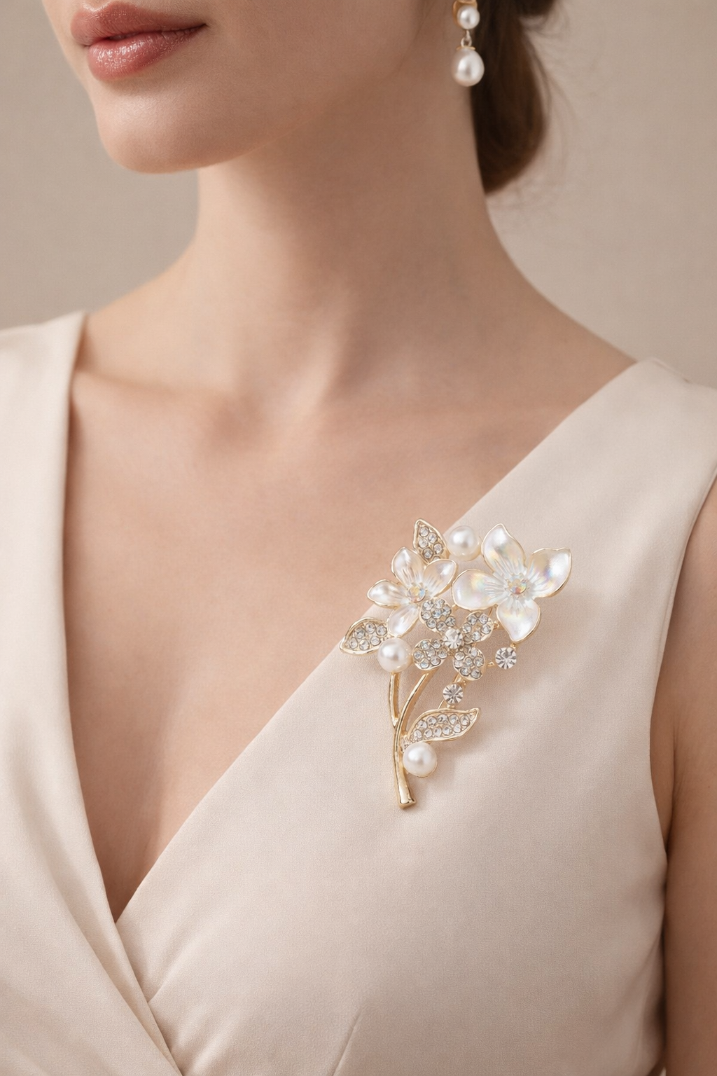 Floral Pearl & Crystal Gold Brooch