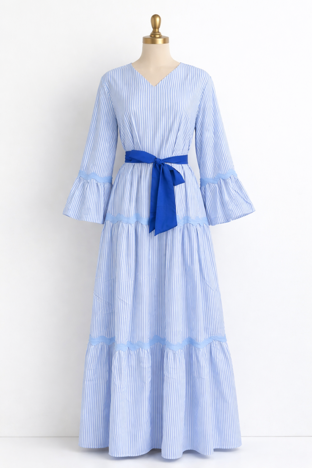 Light Blue Striped Tiered Maxi Dress with Ribbon Waist