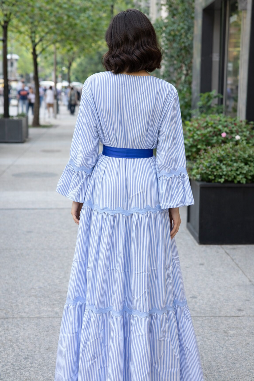 Light Blue Striped Tiered Maxi Dress with Ribbon Waist