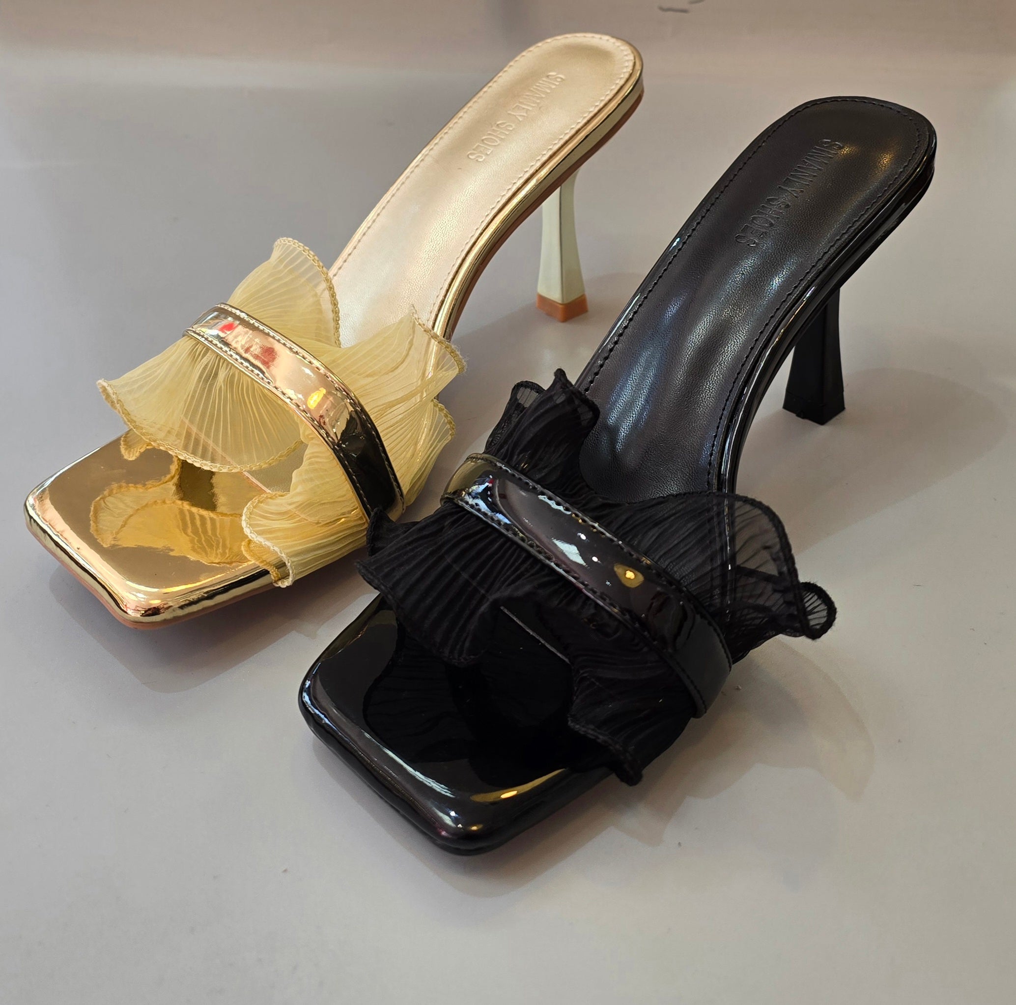 Elegant Ruffle Strap Heeled Mules