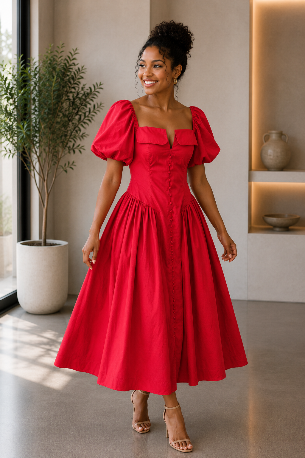 The Elodie Puff Sleeve Midi Dress