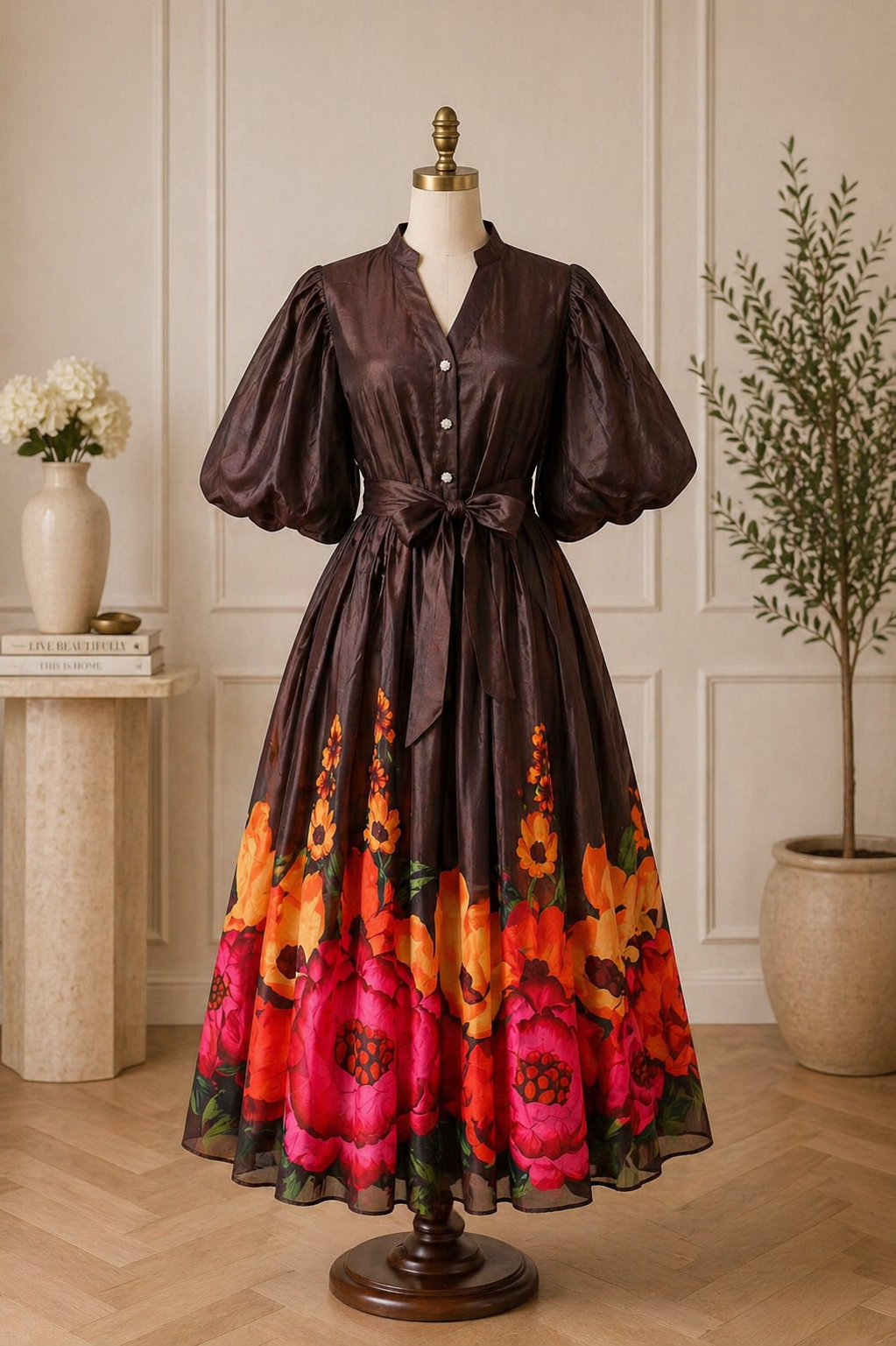 Elegant Floral Satin Midi Dresses with Statement Sleeves