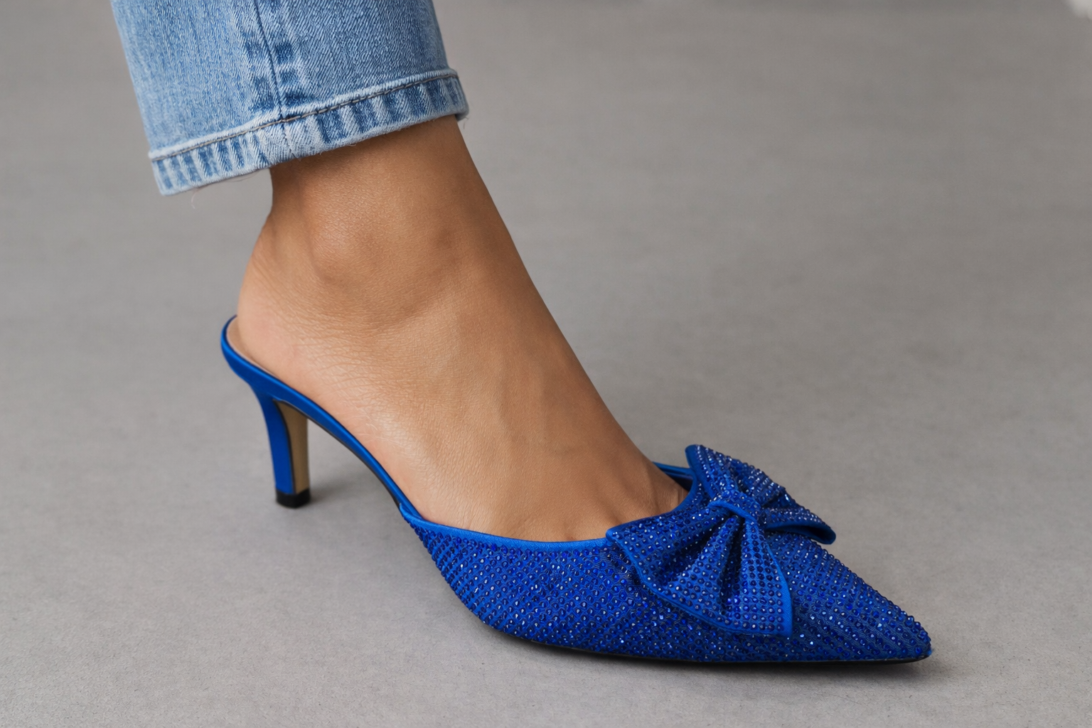 Elegant Rhinestone Bow Pointed-Toe Mule Heels