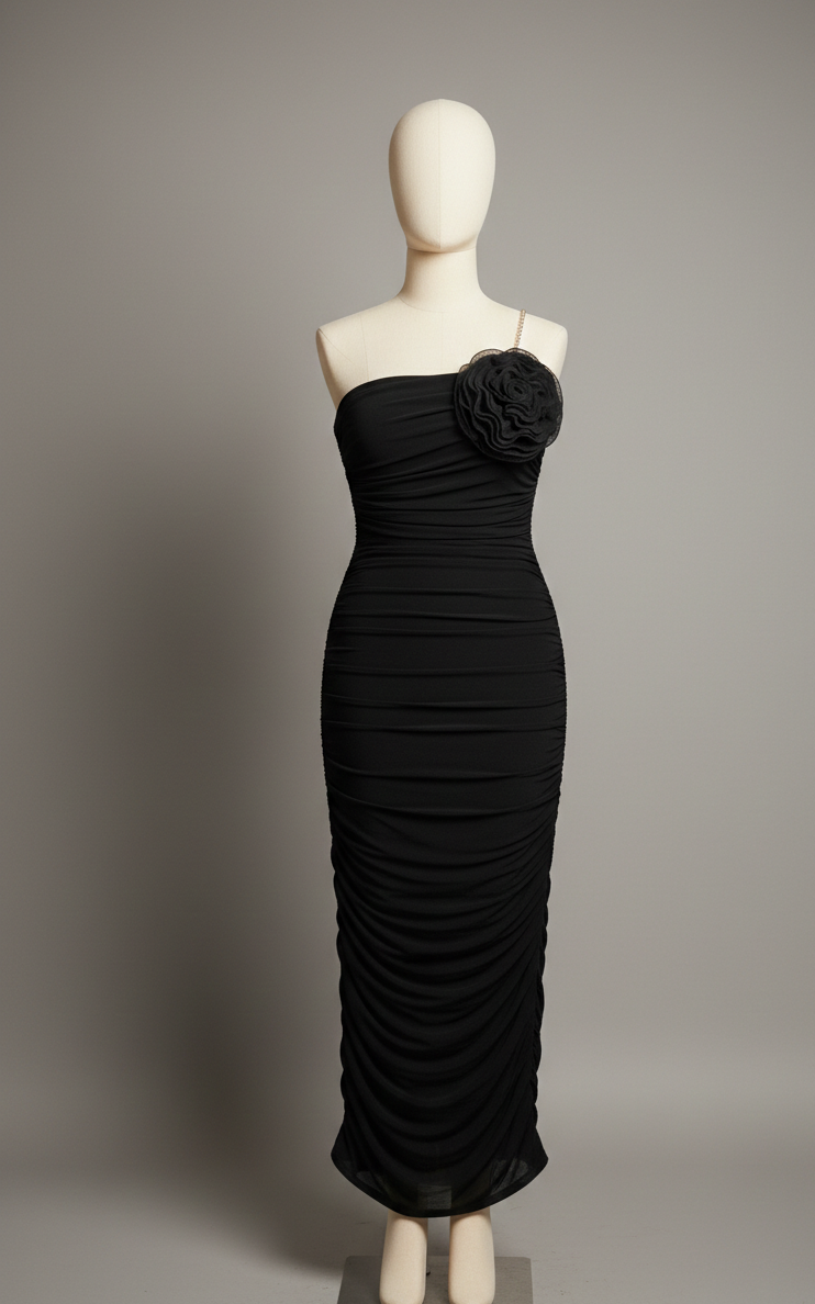 Midnight Black Rose Ruched Evening Gown