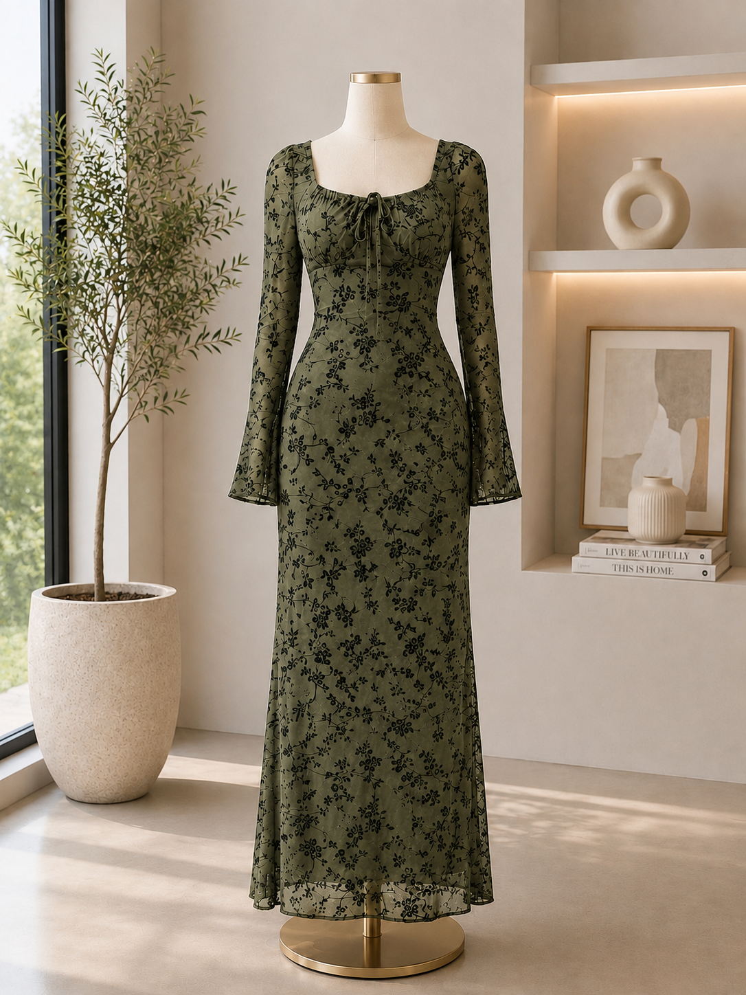 The Elara Botanical Mesh Maxi Dress