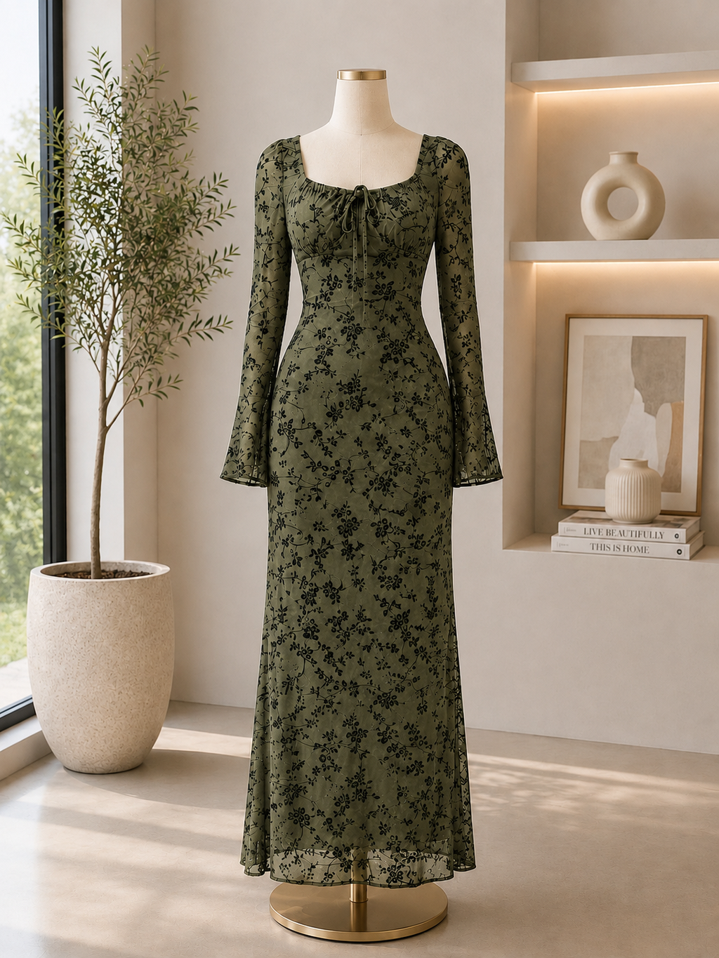 The Elara Botanical Mesh Maxi Dress