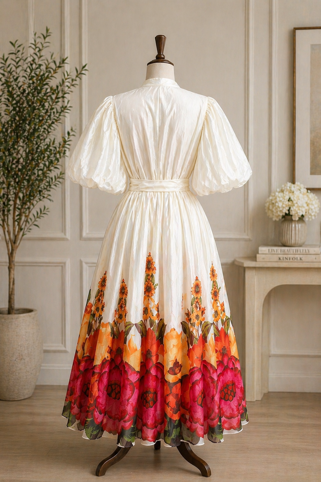 Elegant Floral Satin Midi Dresses with Statement Sleeves