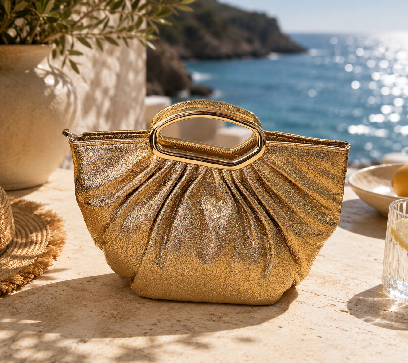 Metallic Gathered Clutch with Sculptural Handle