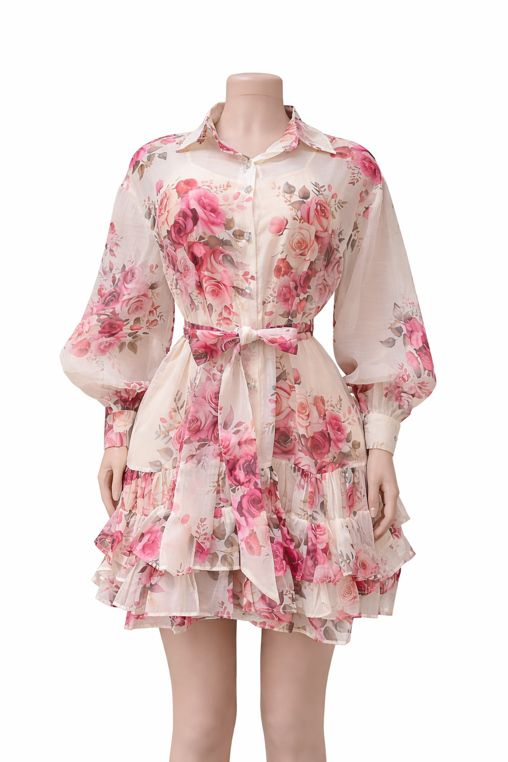 Romantic Blush Rose Sheer Mini Dress with Tiered Ruffles
