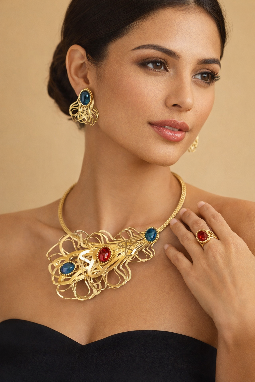 3 Piece Gold Red & Blue Jewellery Set