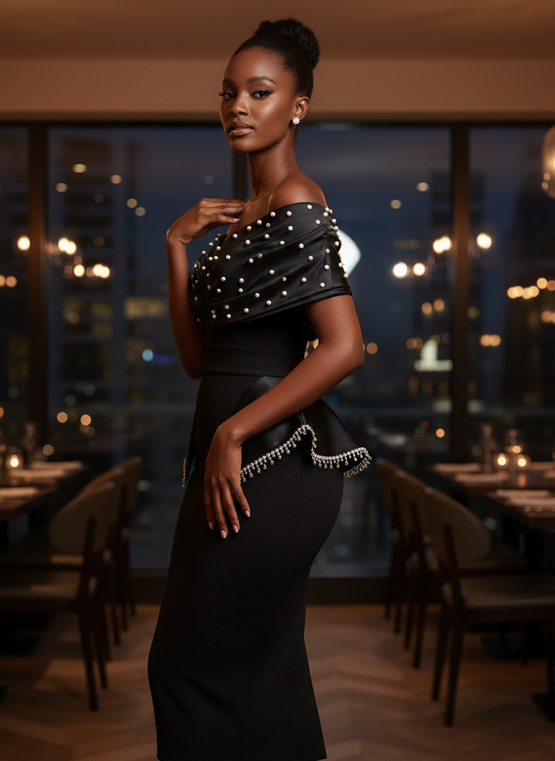 Pearl-Embellished Midnight Black Peplum Midi