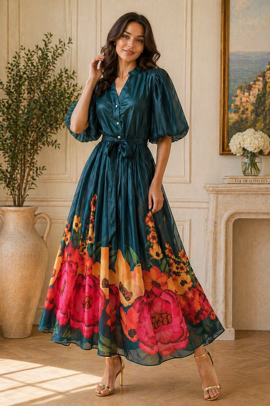 Elegant Floral Satin Midi Dresses with Statement Sleeves