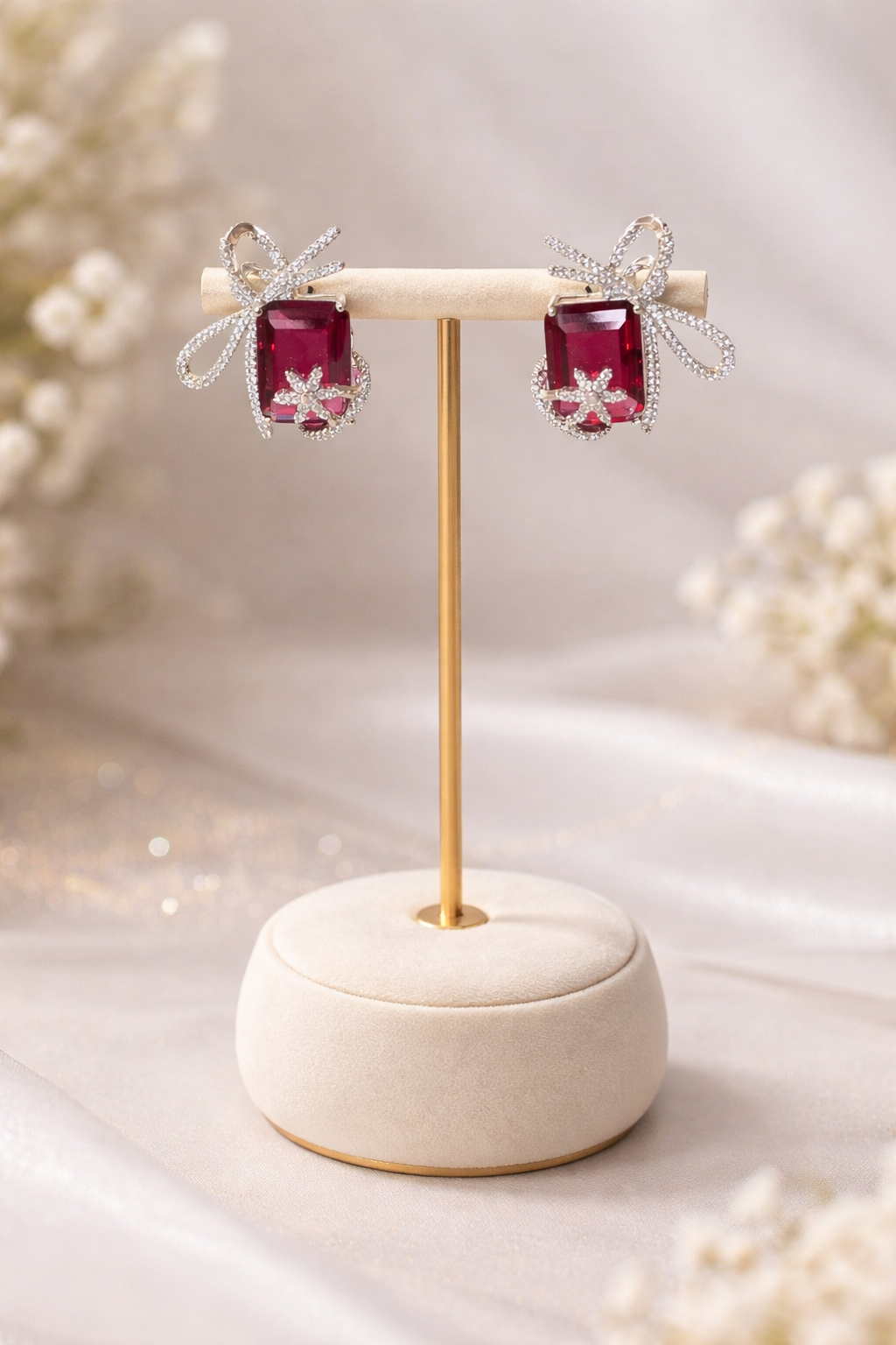 Ruby Silver Bow Diamond Statement Earrings