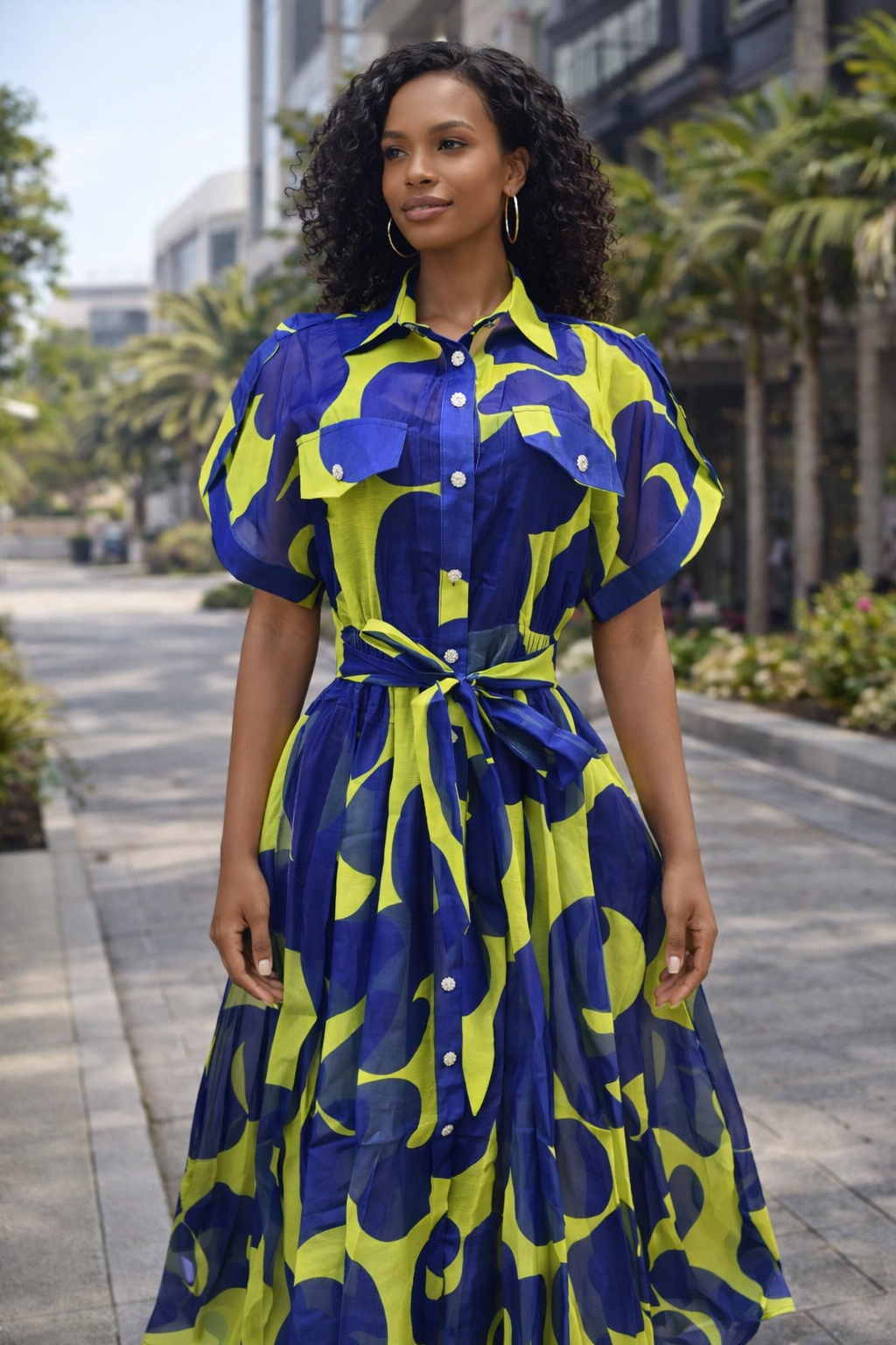 Bold Abstract Print Belted Midi Shirt Dress