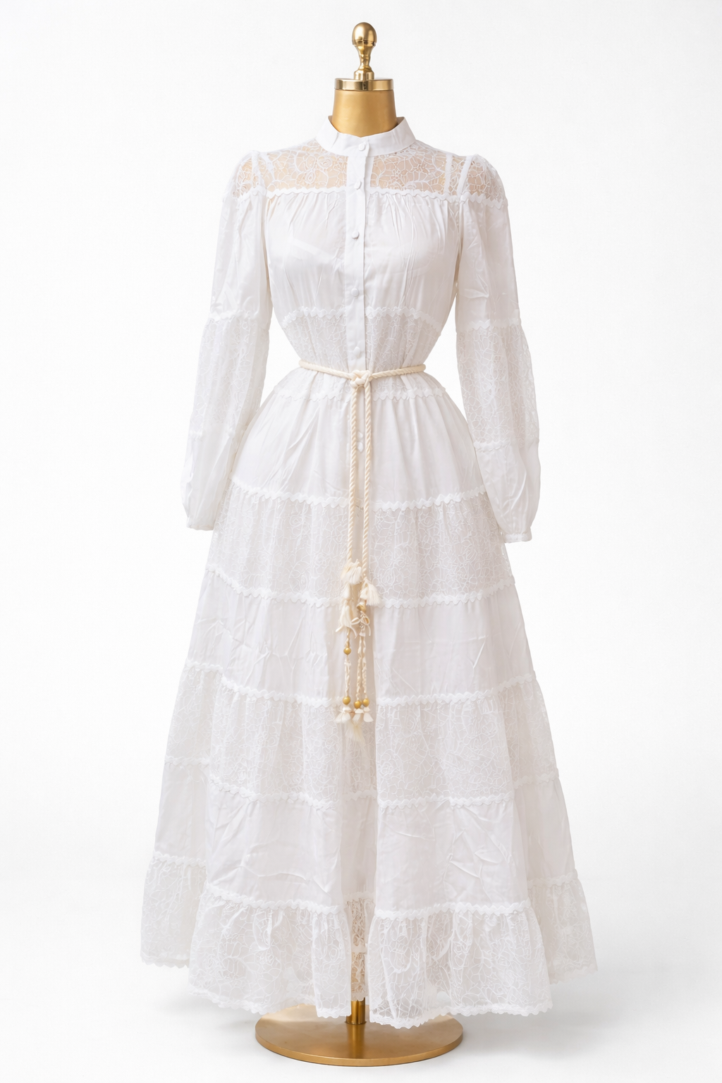 White Lace Tiered Maxi Dress with Rope Belt