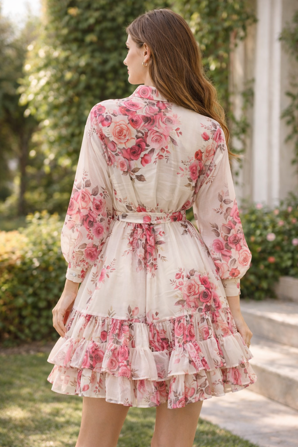 Romantic Blush Rose Sheer Mini Dress with Tiered Ruffles