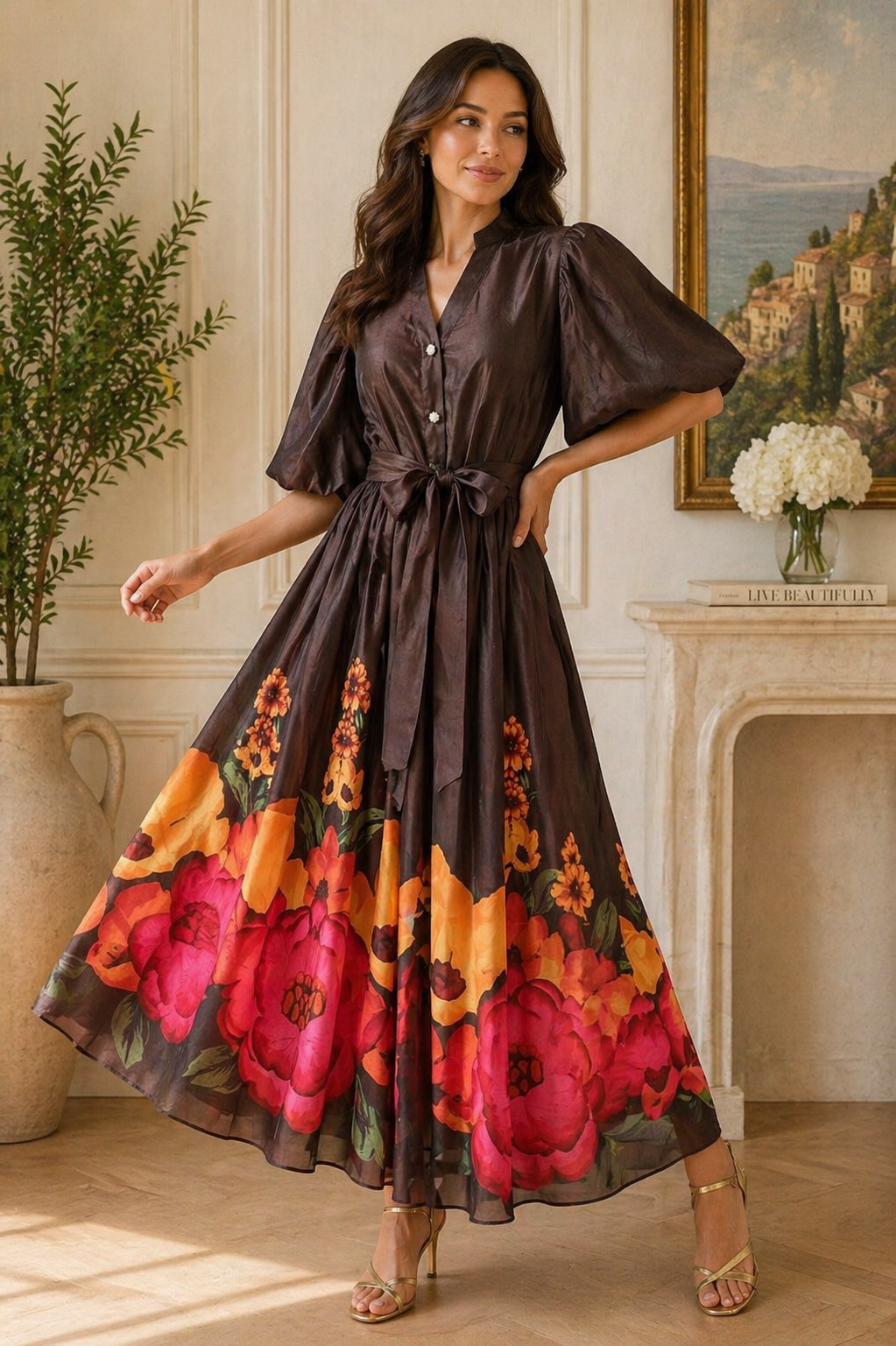 Elegant Floral Satin Midi Dresses with Statement Sleeves