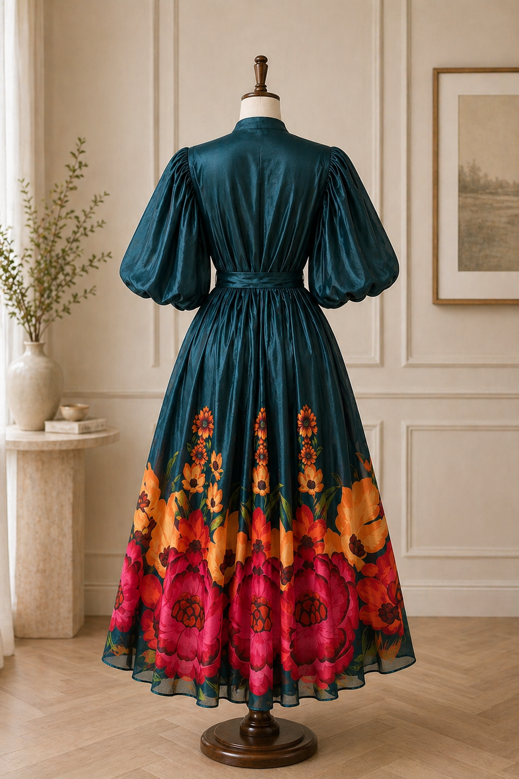 Elegant Floral Satin Midi Dresses with Statement Sleeves