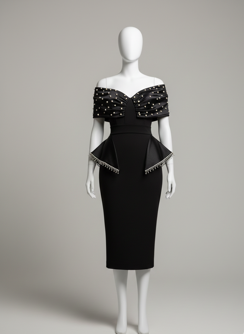 Pearl-Embellished Midnight Black Peplum Midi